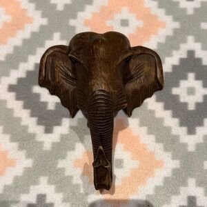 Hand Carved Brown Wood Elephant Wall Hook Decor 7” long